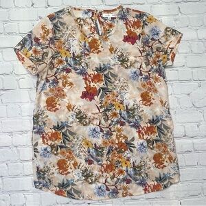 DownEast Floral Keyhole Short Sleeve Top in Peach, Orange & Blue size S